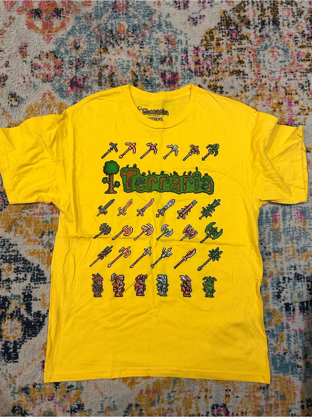 Terraria Yellow Graphic Tee - Pixel Art Weapons & Characters